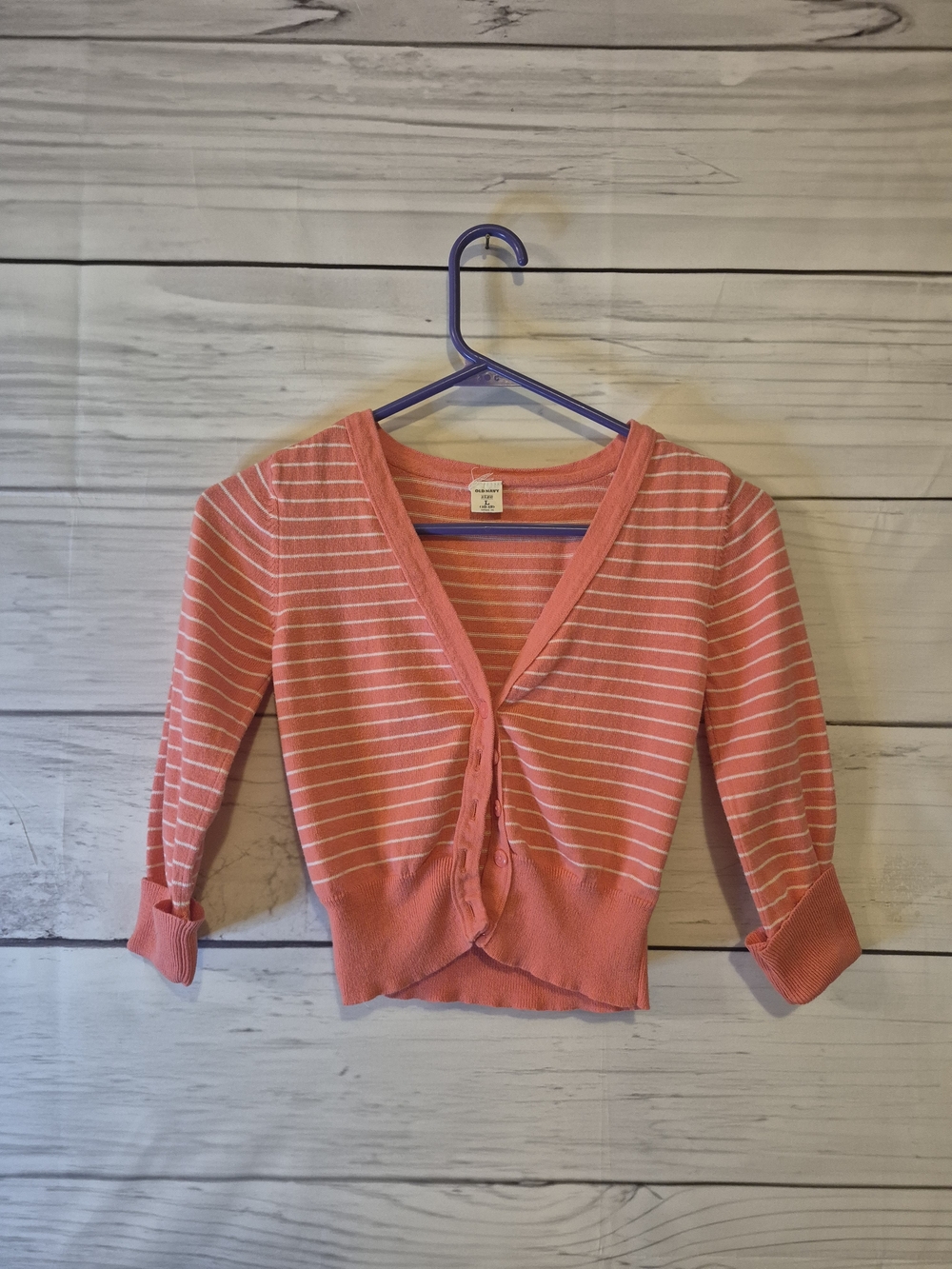 Old Navy Coral and White Striped 100% Cotton Button-Front Cardigan